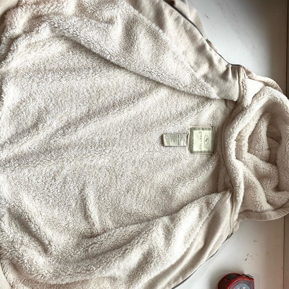 Green Tea Sweatshirt Zip-up Cream Jacket Lined Faux Fur Hooded Women’s Medium Co - Picture 9 of 10